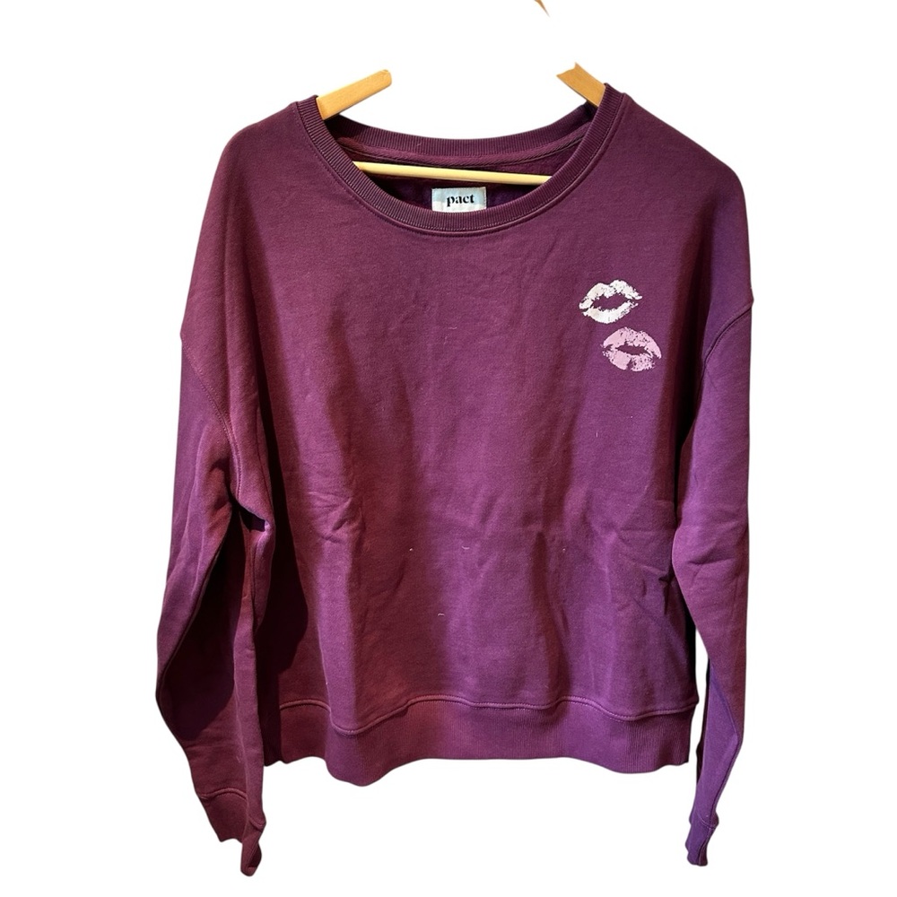Pact Kisses Long Sleeve Crew Neck Pullover Sweatshirt Size Large‎ Maroon Purple